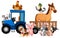 Many farm animals riding tractor on white background