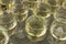 Many filled wine glasses on the table, white wine, close-up of shooting