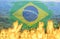 The many fires in brazilian rainforest symbolized with fire and a brazilian flag over the rainforest