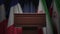 Many flags of Iran and France behind speaker tribune, 3D rendering
