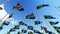 Many flags of South Africa against cloudy blue sky.