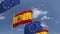 Many flags of Spain and the European Union EU, loopable 3D animation