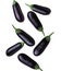 Many fresh eggplants falling on white background