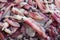 Many fresh raw calamari close up, heap of red and white calamary on seafood market, squids with ice closeup, squid background