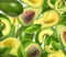 Many fresh ripe avocados on background