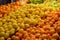 Many fresh ripe organic Spanish tangerines, lemons and oranges displayed for sale in Central Market Hall in Budapest, Hungary, sid