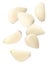 Many garlic cloves falling on white background