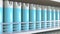 Many generic blue spray cans on a store shelf, 3D rendering