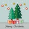 Many gift with Christmas tree, snow, ball, starlight on grey background. Merry Christmas and Happy New Year concept.