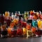 Many glasses and glasses with multicolored appetizing fruit cocktails and juices on black, drink background