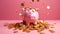 Many gold coins drop down to a pink piggy. Generative AI.