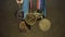 Many gold medals with tricolor ribbons close-up. Medal for first place in the competition in judo. Many medals for a