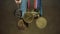 Many gold medals with tricolor ribbons close-up. Medal for first place in the competition in judo. Many medals for a