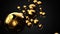 Many gold soccer balls on black background.