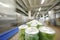 Many green cans with drinks go on conveyor