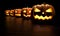 Many Halloween Pumpkins in a row on dark background. 3D Rendering illustration