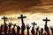 Many hand pray and holding christian cross