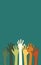 Many hands of different skin color are raised up on darkcyan vertical background. Vector illustration friendship