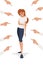 Many hands pointing the sad redhead upset woman looking down flat vector illustration on white background