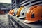Many hardhat helmet on row with Copy space, Engineering Construction Concept
