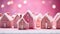 Many Homemade Pink Christmas Gingerbread House web banner, background. Christmas houses made from ginger cookies decorated in