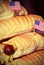 Many hotdogs with chips with American flag vintage effect