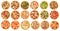 Many isolated assorted pizzas collage menu design