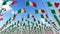 Many Italy flags on flagpoles against blue sky.