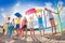 Many kids on a beach with swimming tools and toys