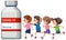 Many kids cartoon character with vaccine vial