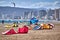 Many kite parachute on the beach in Costa Brava of Spain, village Palamos. 10. 03. 2018 Spain