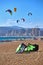 Many kite parachute on the beach in Costa Brava of Spain, village Palamos. 10. 03. 2018 Spain