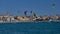 Many kite parachute on the beach in Costa Brava of Spain, village Palamos. 10. 03. 2018 Spain