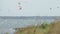Many Kitesurfers. Athletes doing kite surf on limans. Grass