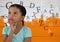 Many letters around Girl thinking in front of orange painted background