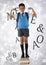 Many letters around Schoolboy flexing strong arms while standing on books and bokeh bright backgroun
