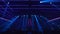 Many lighting devices on the empty stage of the concert hall. Stock footage. Blue and purple shimmering light strobes