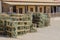 Many lobster or crayfish traps stacked in front of old building, Luderitz, Namibia, Southern Africa