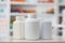 Many medicine bottle with blur shelves of drug in the pharmacy