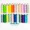 many multi-colored small spools with sewing thread in line on a white background