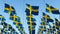 Many National flags of Sweden on flagpoles in front of blue sky.