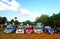 Many old Classic Mini Austin cooper parked on grass field with green tree and clear blue sky background