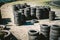 Many old used car tires stacked on top of each other on Automobile sports complex. Industrial landfill for the