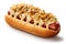 Many Onion Many Cheese French Hot Dog On A White Background. Generative AI