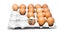 Many orange spotted brown chicken eggs in carton open box container on white background. One egg with black drawn inscription
