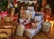 Many packed Christmas presents with decoration