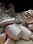 Many pairs of ballet shoes. Ballerina in pointe