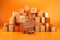 Many parcel boxes and shopping cart in the middle on orange background