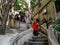 Many people tourists on the Kamondo Stairs in Istanbul. Ancient landmark in neo-baroque and