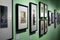 Many photo frames with vintage photographs hanging on green wall in art gallery